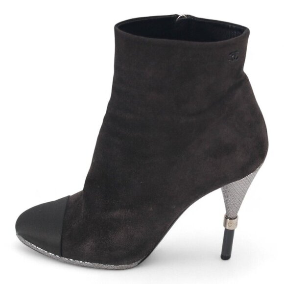 CHANEL Shoes - Chanel Suede Interlocking CC Logo High Heel Ankle Booties